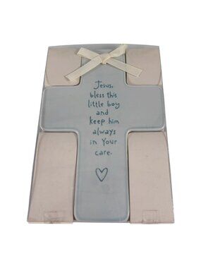 JESUS BLESS THIS BABY BOY BLUE CERAMIC CROSS HALLMARK 7.5"